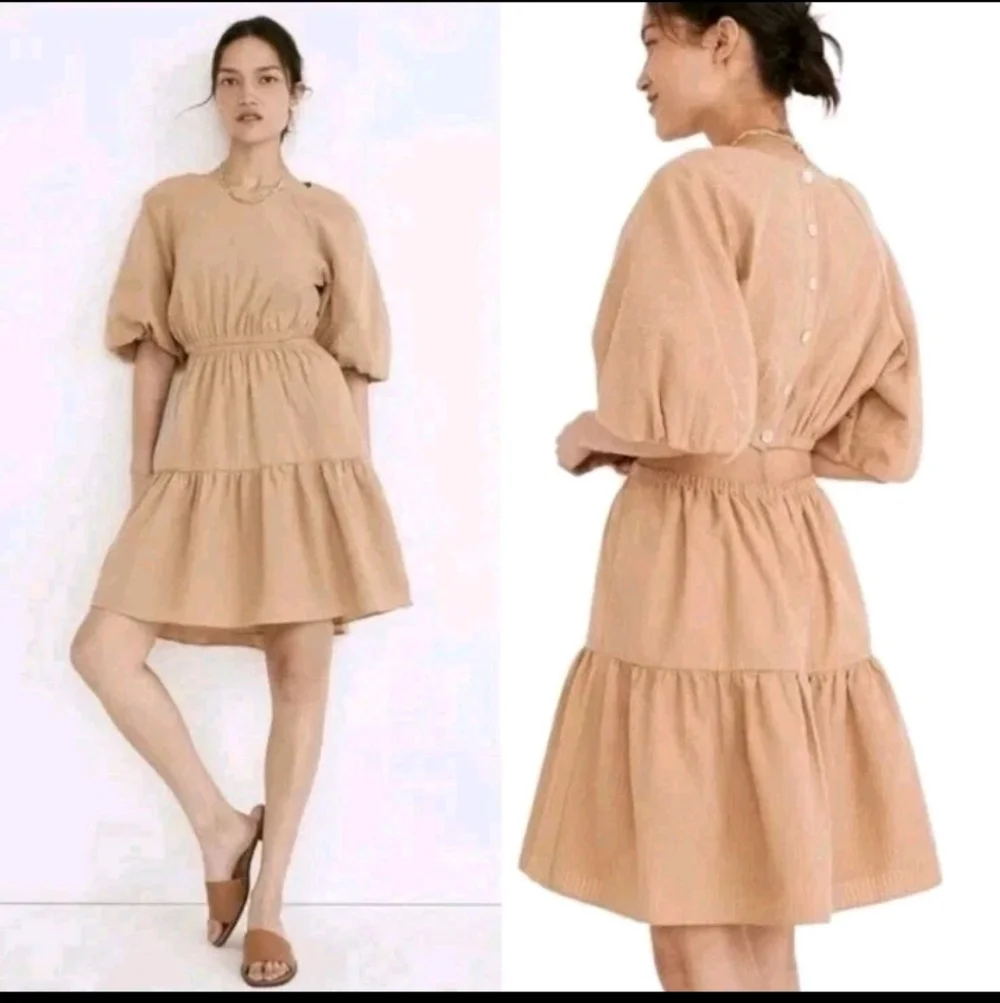 Madewell Women's Seersucker Puff-Sleeve Tan Lagenlook Preppy Mini Dress. Sz L - Picture 2 of 9